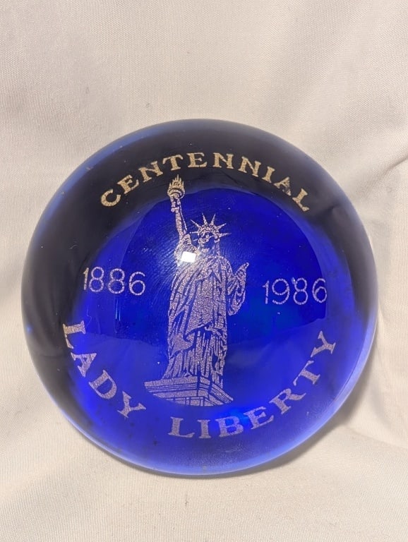 Lady Liberty Centennial Paperweight (1886-1996): Lady Liberty Centennial Paperweight (1886-1996). Some scratches on base. Meas. 2"h x 3"r.