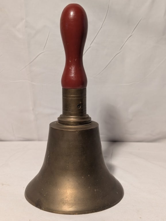 Antique School Bell w/ Original Clapper: Antique School Bell w/ Original Clapper. Wooden handle. Cast iron clapper. Meas. 10 3/4" x 5 3/4"r