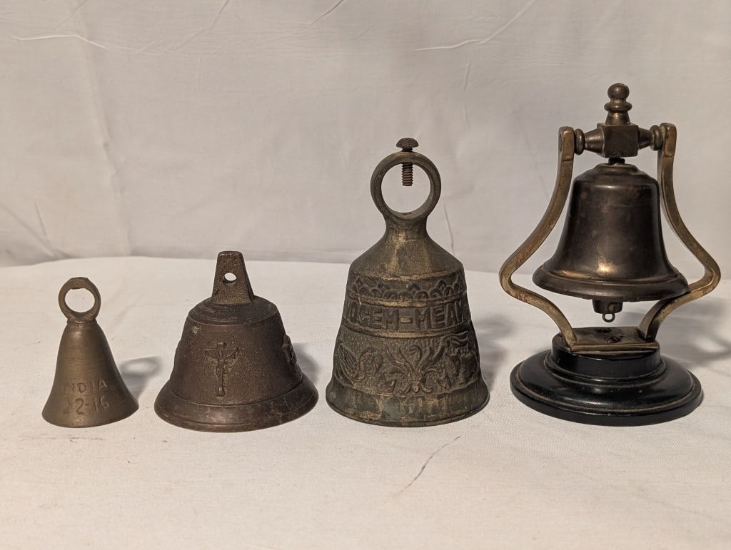 Antique Bell Collection (4 in the Set): Antique Bell Collection (4 in the Set). Brass hotel bell w/ wooden circular base, made in England. India Vocum Meam A Ovime Tangit (meaning Let those who touch me hear my voice. Brass bell with