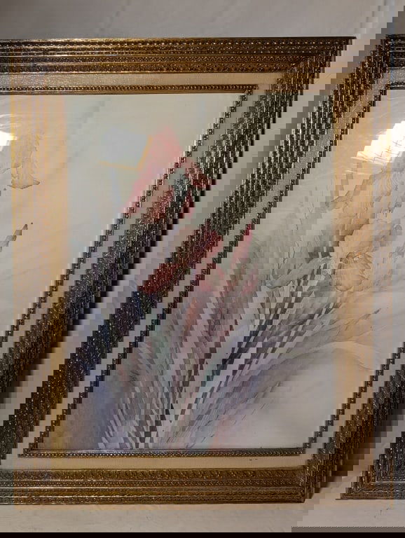 Marjorie Renfroe Purple Iris Framed Print: Marjorie Renfroe Purple Iris Print in Gilded Frame. Minor spotting on matte and back. Meas. 30 1/2"h x 24 1/2"w