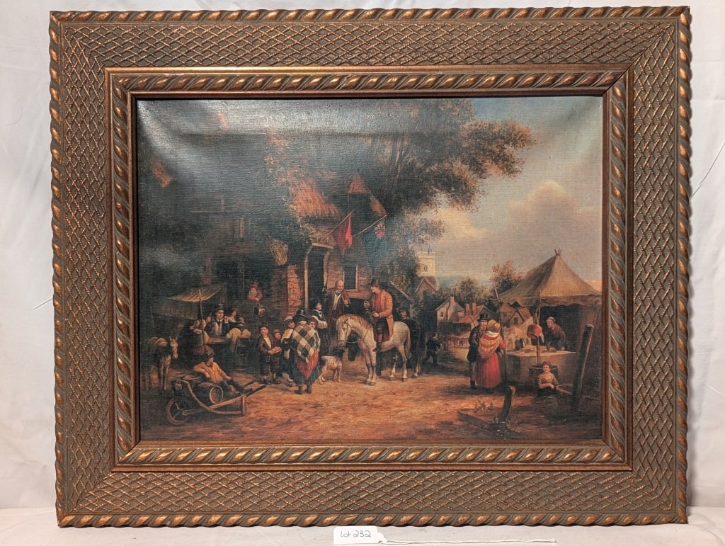 Tower Bridge Road Litho on Canvas Higgins & Bowers: Tower Bridge Road Litho on Canvas Higgins & Bowers London. From original dated 1616-1617. Dutch painted Jacob DeVilliers. Original rope edge wooden frame. No glass on frame. Canvas needs to