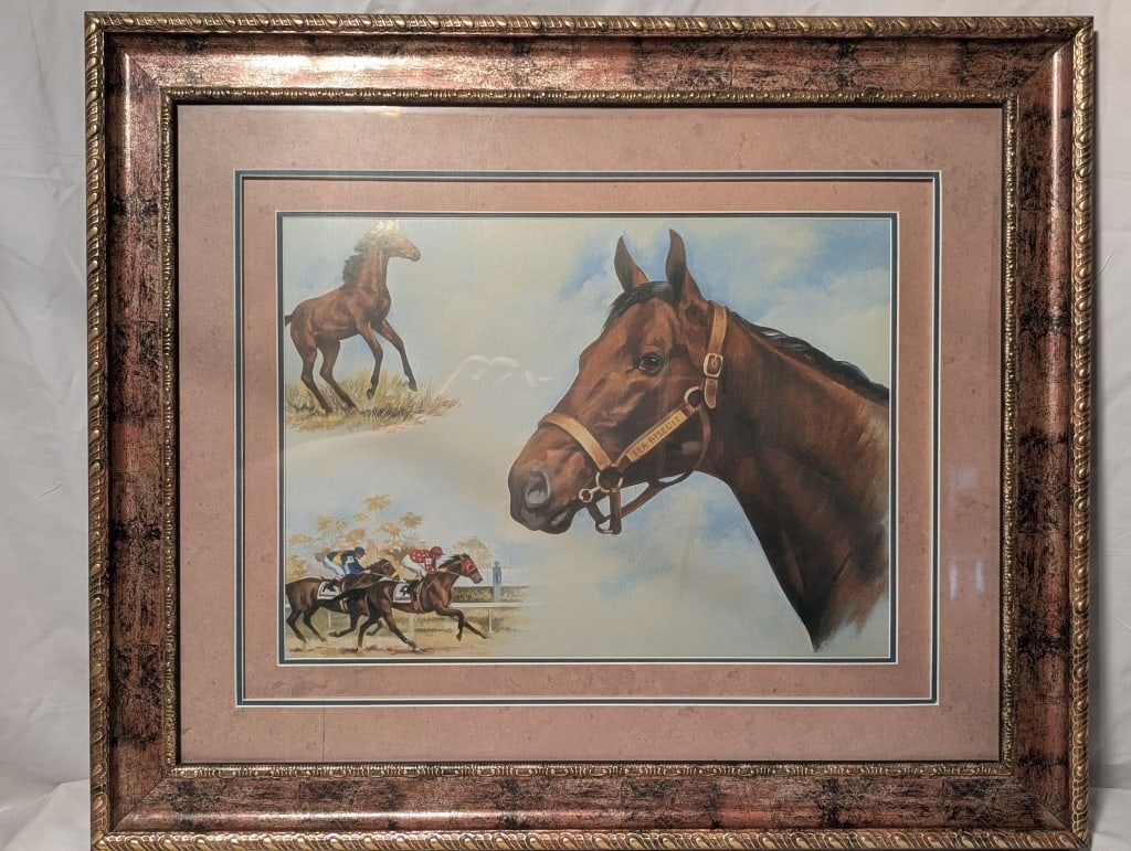 Sea Biscuit Collage Print by Paul Whitney Hunter: Sea Biscuit Collage Print by Paul Whitney Hunter. Very nicely framed. Shows horse in profile, prancing and racing. Meas. 19 3/4"h x 23 3/4"w