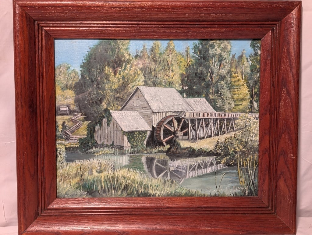 Oil on Canvas Wheelhouse / Gristmill Basil C. Way: Oil on Canvas Water Mill by Basil C. Way. Original. Painting shows nice water reflection of a water mill with a tree lined backdrop. Very nice piece. Meas. 15"h x 18 1/4"w.