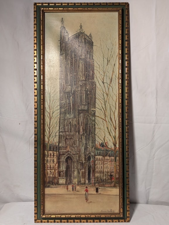 La Tour Saint Jacques a Paris Litho M. Utrillo: La Tour Saint Jacques a Paris Framed Lithograph by Maurice Utrillo. Signed. Wood burn "Fredrix" on reverse. Handwritten numbers on reverse. Meas. 34 1/2"h x 14 3/4"w.