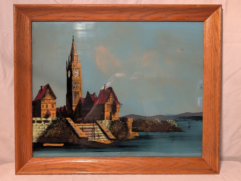 Castello Borgia Italy - Oil on Wood.: Castello Borgia Italy - Oil on Wood. Some paint flaking in sky area by border. Needs to be cleaned. Very nice detail. Meas. 18 3/4"h x 22 3/4"w x 1 1/2"d