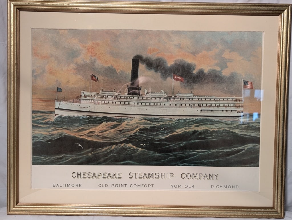 Chesapeake Steamship Corp Litho Ad: Chesapeake Steamship Corp Lithograph reproduction of an advertisement or post card. Shows the ship on rough seas, flying the US and Columbia Flags. Nicely frames. Overall nice piece. Meas. 19