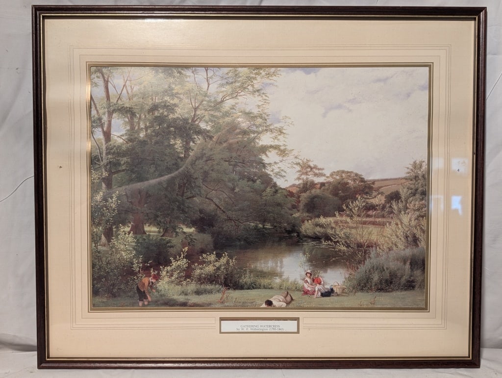 Gathering Watercress Framed Litho W F Witherington: Gathering Watercress Framed Litho W F Witherington (1785-1868). Matting shows foxing, some warping, Screw holes penetrate picture edge. Unsigned. Meas. 16 3/4" h x 20 3/4"w.