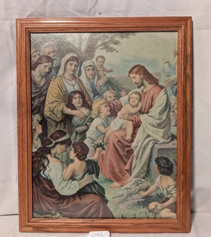 Jesus Blessing the Children Litho B. Plockhorst: Jesus Blessing the Children reproduction. Original artist Bernhard Plockhorst. Wood frame. Not signed. Meas. 15 1/2'h x 12 1/2"w.