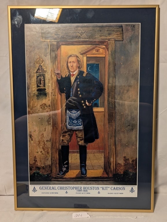 General "Kit" Carson, Masonic Lodge - P. Waddell: General C. H. "Kit" Carson, standing in door way with initiation dates into the Masonic Lodge - Original art by Peter Waddell. Framed photo/poster. Meas. 20:h x 14"w.