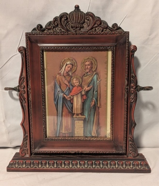 The Holy Family - Jesus as a Boy Wood Frame: The Holy Family showing Jesus as a Boy in a free standing rosewood swing style Victorian design frame. Brass locking screws at sides. Meas. 11'h x 10"w. x 1 3\4".