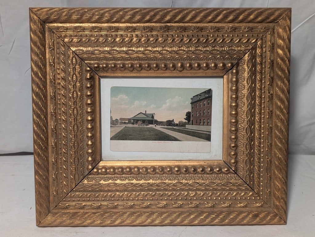 1920s Union Depot - Hanover, PA - Photo: 1920s Union Depot - Hanover, PA - Photo / Postcard. Gilded frame, early postcard 1920s-30s. Nice coloring. Meas. 11 1/4"h x 13 1/4w.
