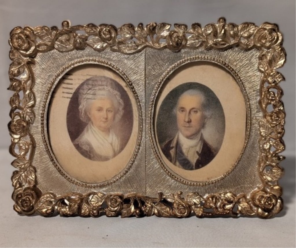 Geo. & Martha Washington Portrait Postcards Framed: Geo. & Martha Washington Portrait Postcards set in gilded frame. Each postcard has a cancelled 3-cent stamp dated July 1959. Sent from Friendship, ME. Some discoloration and marking on