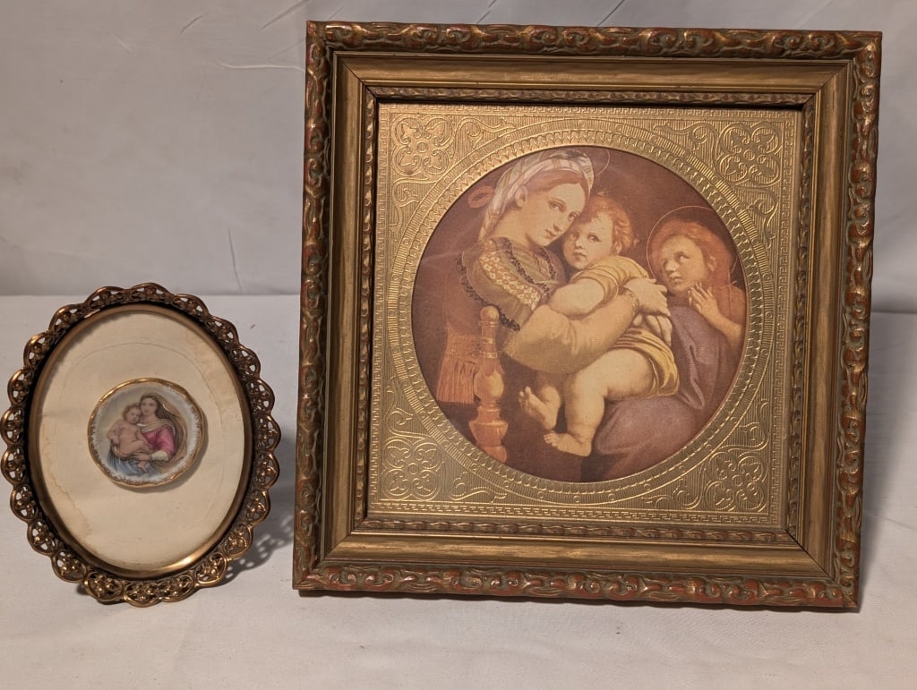 Madonna Della Sedia Framed Litho & One Limoges: 2 Art Pieces featuring The Virgin Mary & Baby Jesus. The first is a lithograph of Madonna Della Sedia (Madonna of the Chair). Depicts Madonna, Baby and John the /Baptist. Original painting by