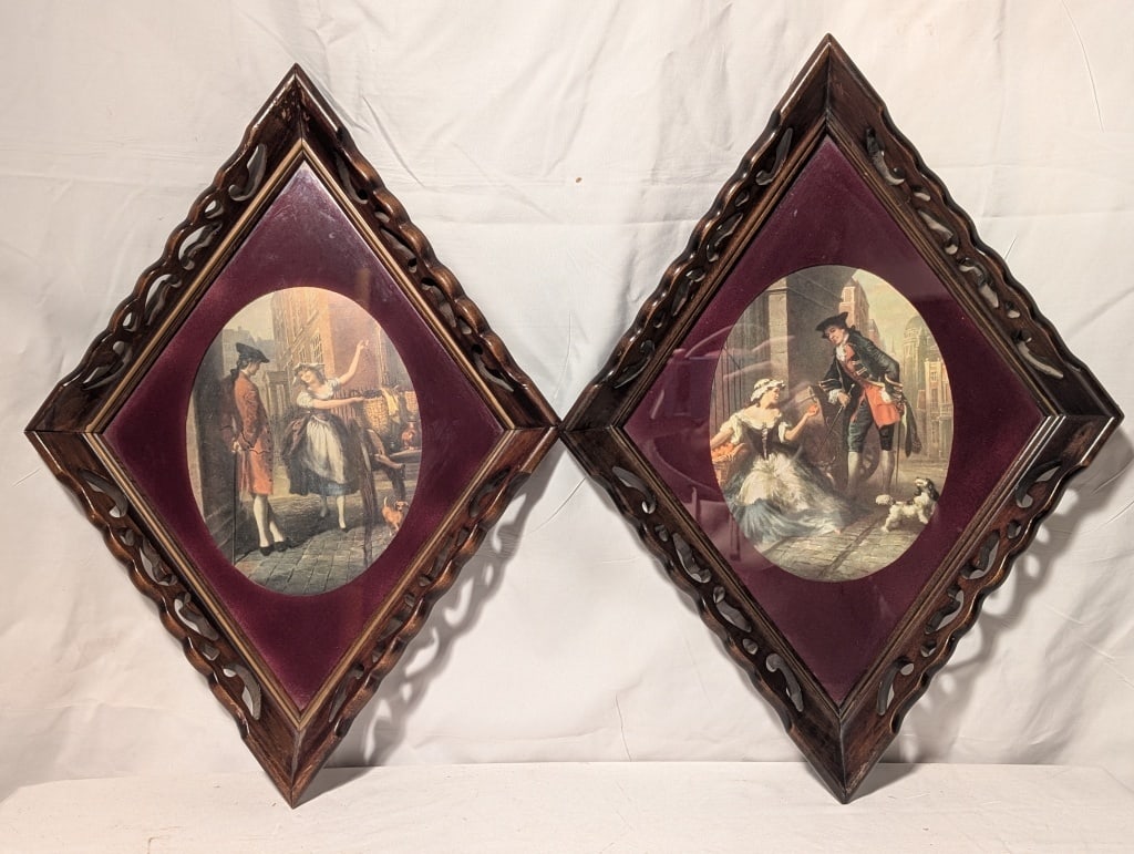 Pair Colonial Courting Lithographs Wood Tray Frame: Pair Colonial Courting Lithographs Set on Wooden Tray Frames. Each depicts a different courting scene set on a burgundy felt background. The dark wood frames have reticulated edges and hangs as