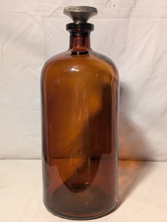 Amber Bottle w Decorative German Pewter Cork: Amber Wine / Whiskey Bottle w Decorative German Pewter Cork. Pressed glass, John Wyeth, Philadelphia. Rough pontil. Cork design by Hendr. Sorgh (1611-1670) depicting a musical cafe scene with