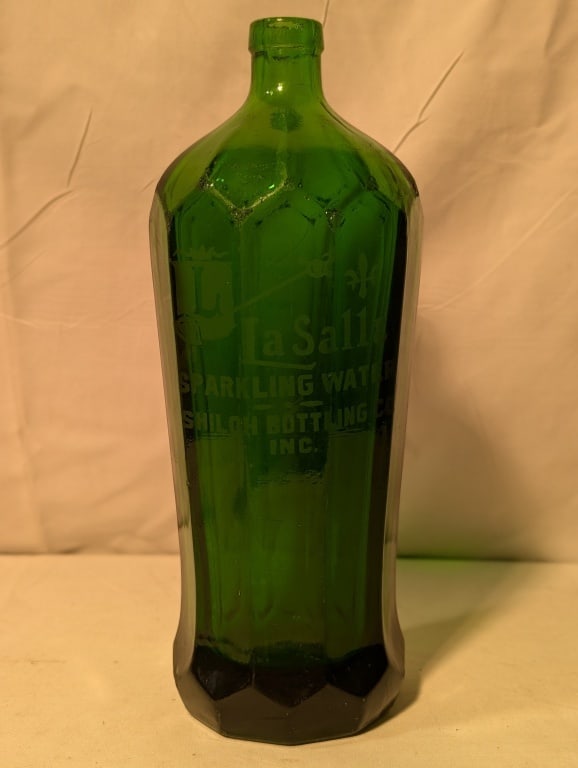LaSalle Sparkling Water Green Glass Bottle: LaSalle Sparkling Water Green Depression Glass Bottle. Shiloh Bottling Company Inc. Decagon shape w/ ridges. Minor chips on base. Very nice letter etching on face of bottle. Numbered on base.