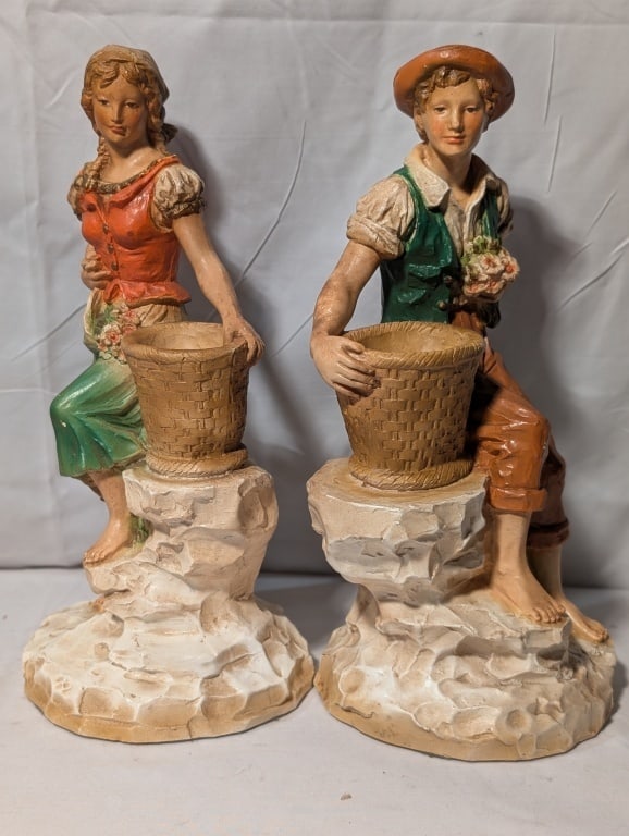 Pair - Victorian Peasants w/ Berry Basket - Bisque: 1975 Pair - Victorian Peasants w/ Berry Basket s- Bisque. Universal Statuary Corp. Girl model # B215, Boyl model #828. Hummelesque. Meas. 13 3/4"h x 6 1/2r.