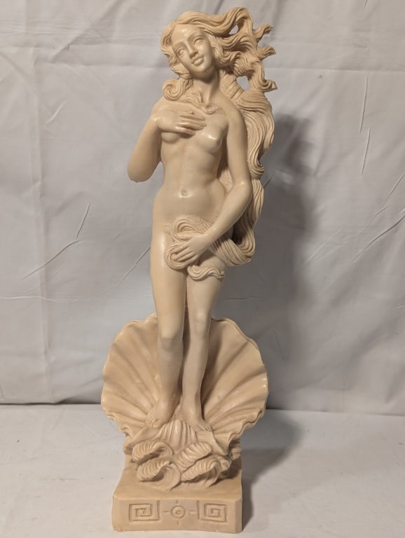 Greek Birth of Aphrodite Statue - A. Santini: Greek Birth of Aphrodite Statue. Standing in an Open Sea Shell Statue, by A. Santini. Greek keys on base. Signed on top corner of base w/ P.A.T. on other corner Statue in modest pose. Alabaster. Based