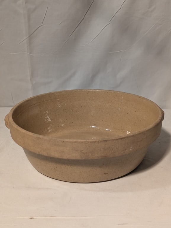 Deep Dish Stoneware - Double Handle: Deep Dish Stoneware w/ Double Handles.. Marked Fire, Clay, Acid Proof encircling a star on bottom. Shows minor wear from age and use. Meas. 10 3/4"h x 3 1/4"d.