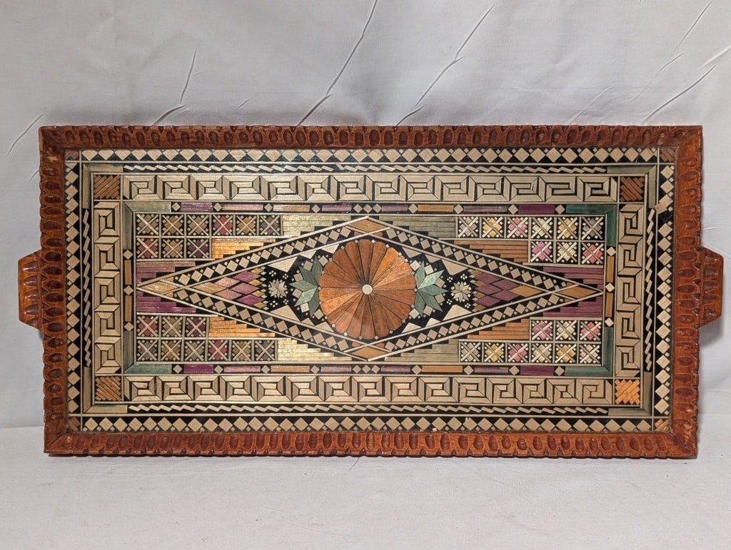 Vtg Wooden Vanity Tray w/ Metal Inlay Greek Design: Vtg Wooden Vanity Tray w/ Metal Inlay Greek Design. Beautiful use of colors. Interlocking parquet and straw stalks form a mosaic pattern. Very nice. Meas 17 1/4"l x 8"w x 1"d.