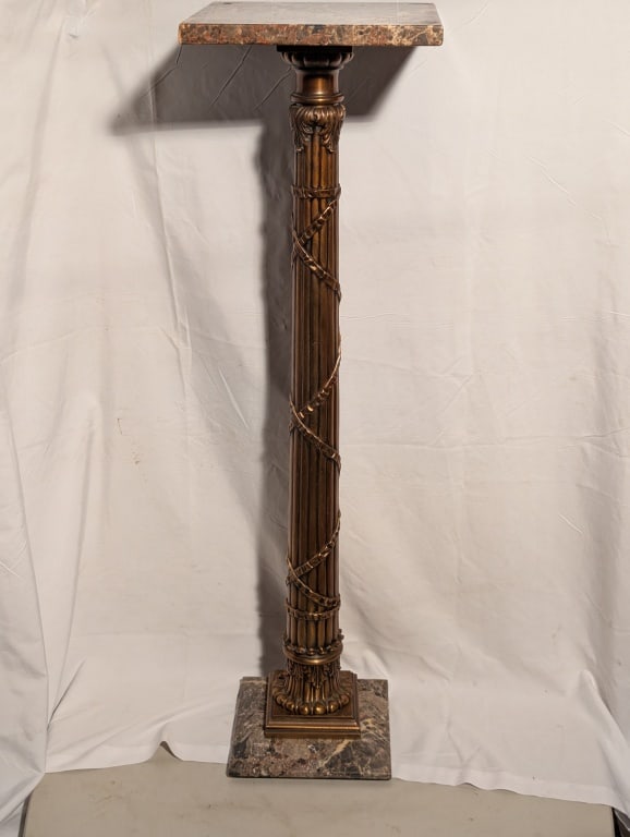 Marble Top & Base w/ Brass Column Pedestal Stand (1 of 8)