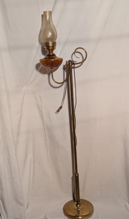 Floor Lamp w/ Amber Glass Bowl & Brass Body (1 of 11)