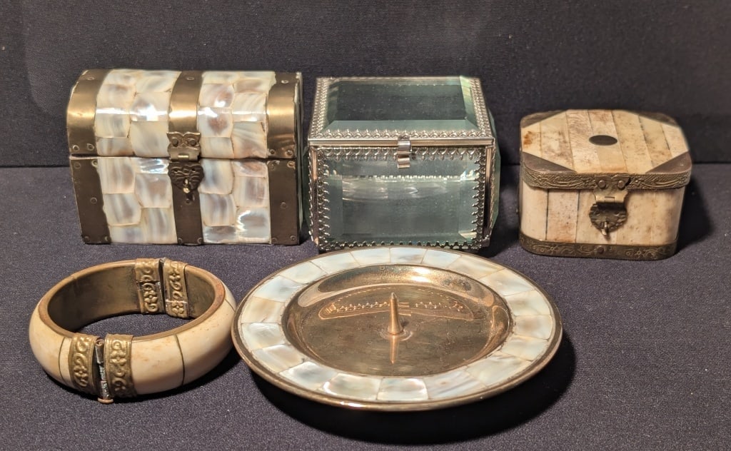 Vanity MoP Trinket Boxes, Bone Bracelet & More: Vanity Set - 3 Trinket Boxes w/ Brass accents. 1 square glass and brass hinge. Mother of pearl inlay, brass trinket chest and candleholder. African camel bone bracelet w/ brass accents MoP chest meas