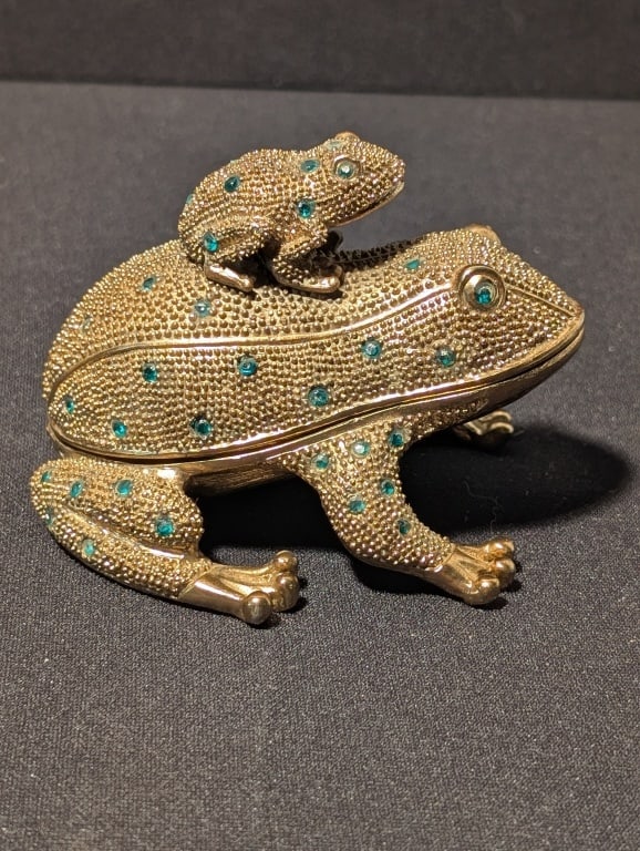 Frog w/ Baby Trinket Box: Bombay Frog with Baby frog on top enameled trinket w/ green gems. t box. Meas. 3"h x 4"w x 3 1/2"d. Excellent condition.