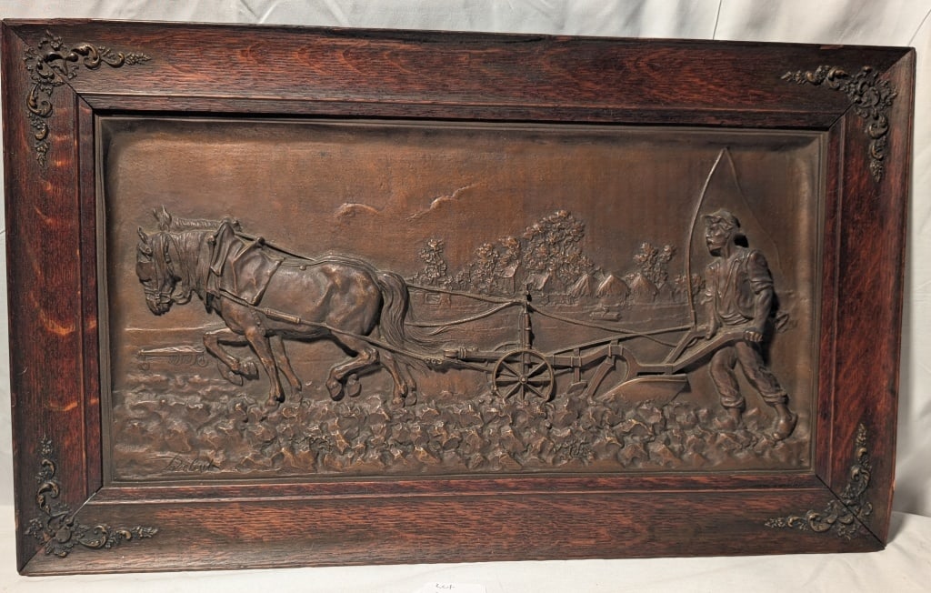 Bronze Horses Pulling Plow Plaque Marcel Debut (1 of 10)