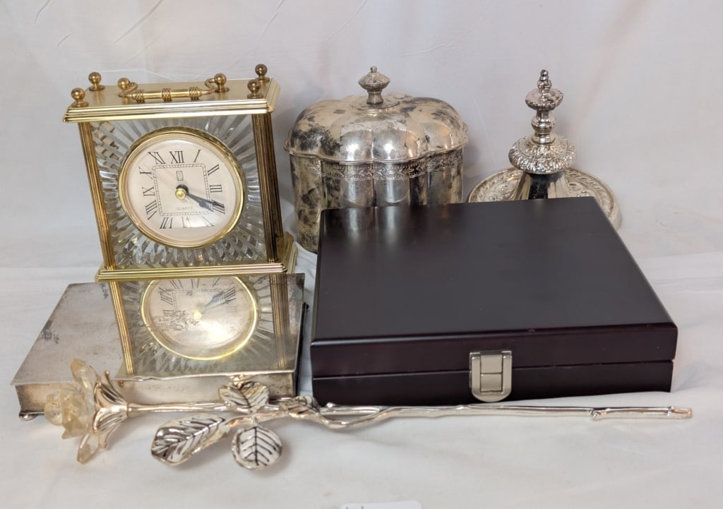 Vtg Vanity Set: Carriage Clock, Gift Set & Others: Vtg Vanity Set: Carriage Clock, Gift Set & Others. Silverplate trinket box w/ lid has velvet interior and meas. 5 1/4"h x 5"w x 4"d. Silverplate playing card box meas. 1"h x 6"w x 4 3/4"d. Gold tone