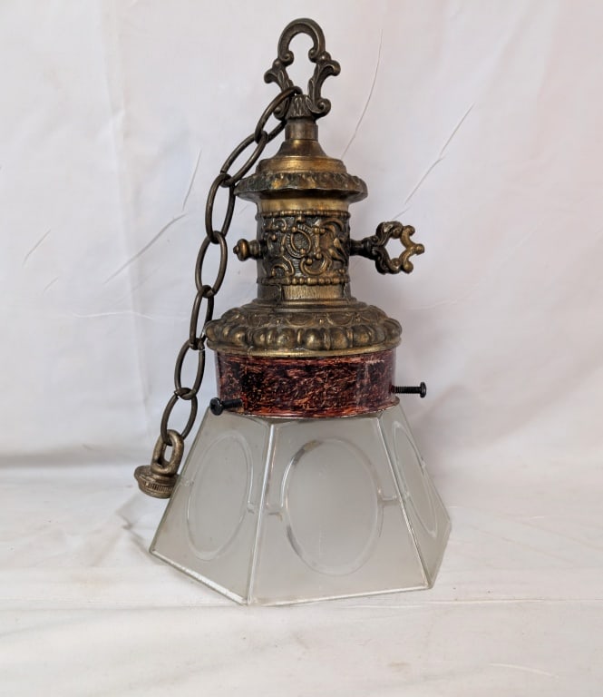 Antique Hanging Hexagon Brass & Glass Lamp (1 of 9)