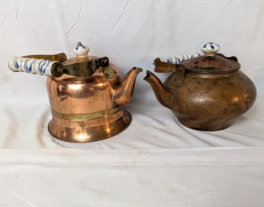 Vtg Copper Teapots w/ Porcelain Handles & Finials (1 of 12)