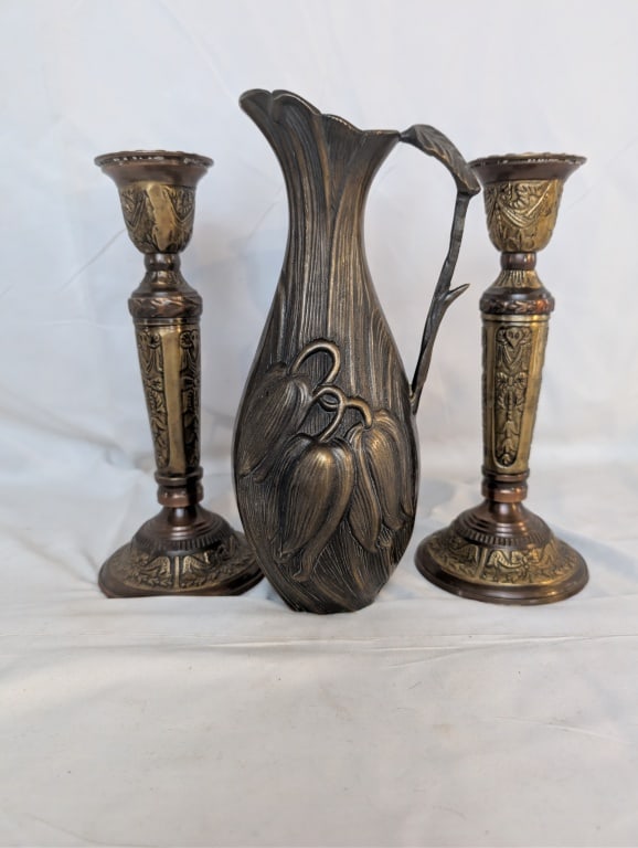 Vtg Brass Pitcher / Vase& Candlestick Grouping (3) (1 of 11)