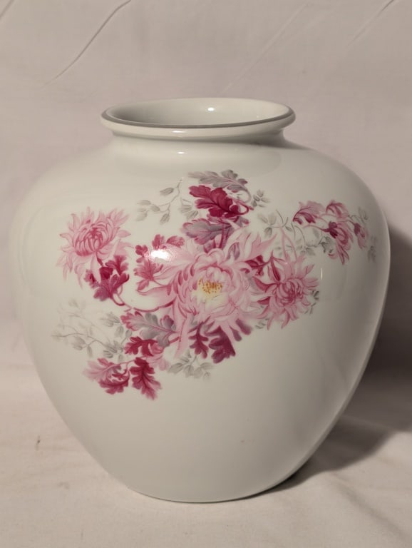 Nippon Japan Wide Vase w/ Pink & Ruby Flowers (1 of 8)