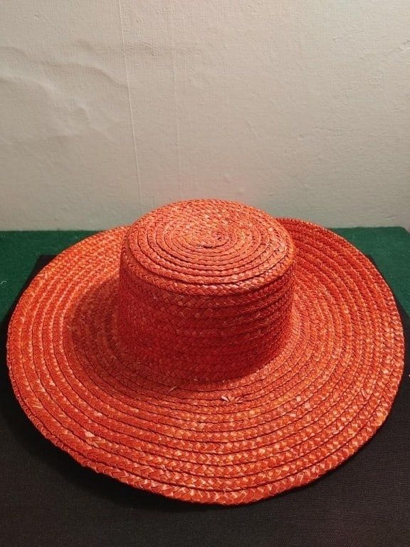 Women's Red Straw Hat w/ Orange Stitching: Women's Red Straw Hat w/ Orange Stitching by Imparts. Slight loss on brim. Meas. 4"h x 14.5"r.
