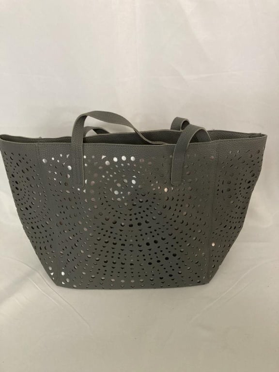 Vtg Large Gray Leather Reticulated Tote Bag (1 of 3)