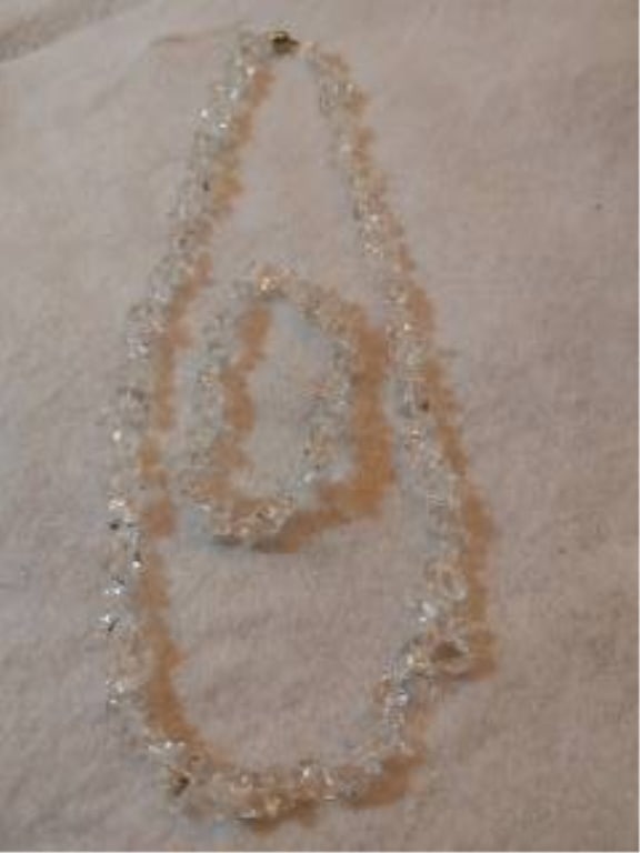Crystal Quartz Necklace & Bracelet: Crystal Quartz Necklace & Bracelet. Magnetic clasp. Necklace meas. 10"l, Bracelet meas. 3"l, elastic. New, never worn.