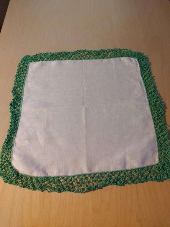 1960s Cotton Accent Scarf / Hanky Green Edge: 1960s Cotton Accent Scarf / Hanky Green Crocheted Edge on white base. 100% cotton. Meas. 13"sq.