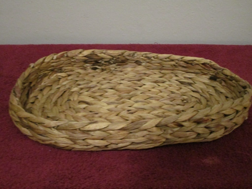 1970s Rattan Tray, Handwoven - Mexico: 1970s Rattan Tray, Hand woven - Mexico. Oval, Slight irregularity due to hand weave. No loss. Flat base. Meas 16"l x 10"w x 2"h.