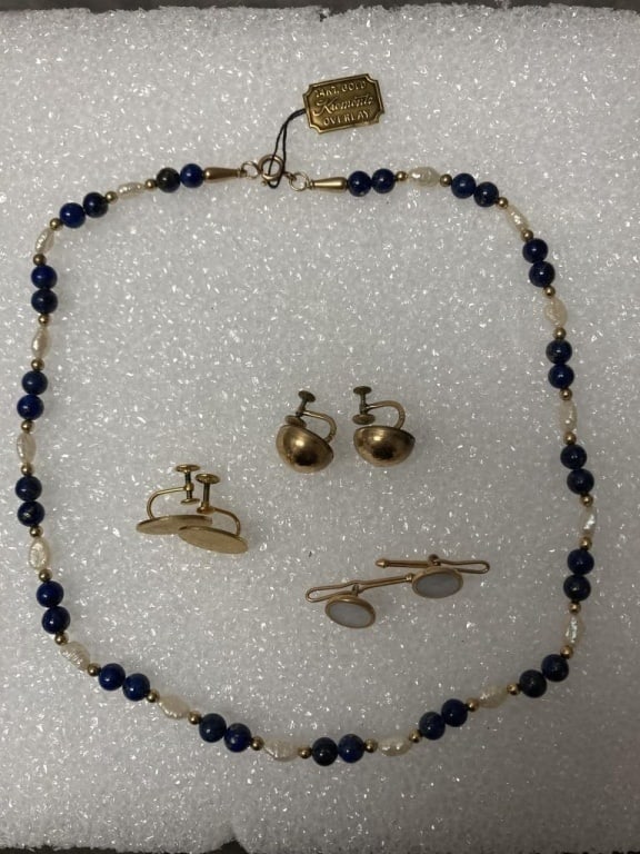 Vintage Costume Jewelry Lot: 1950s Lapis Lazuli, fresh water pearl necklace 1/20th 14kt overlay 17", 2 opal gold plated buttons, 2 sets of gold plated screw back earrings