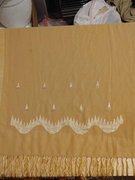 Sri Lanka Pashmina / Scarf / Wrap Silk: Sri Lanka Pashmina / Scarf / Wrap 100% Silk. Bejeweled, caramel colored, gold fringe embroidered, detailed at both ends. 2 minor spots (can be cleaned). Meas 63"l x 19"w. Very nice.
