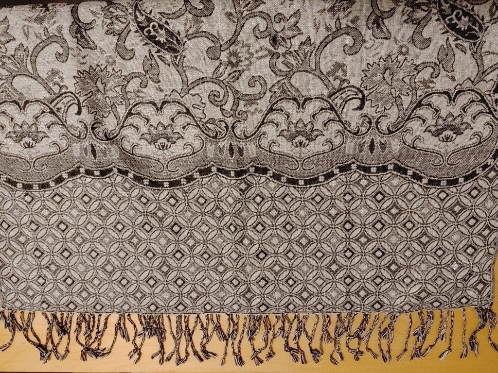 Pashmina / Scarf Gray & Black w/ Silver Threads: Pashmina / Scarf / Wrap. Gray & Black w/ Silver Threads. Waverly, China. Polyester. Meas. 66"l x 55"w. Black and green fringe. Flawless