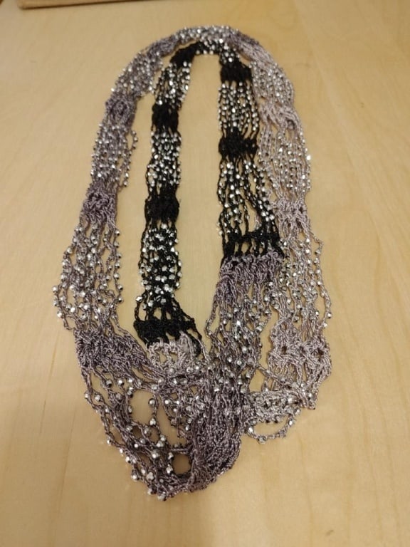 Metallic Infinity Scarf: Metallic Infinity Scarf. Black and gray beaded scarf. Meas 36"l. Very nice condition.