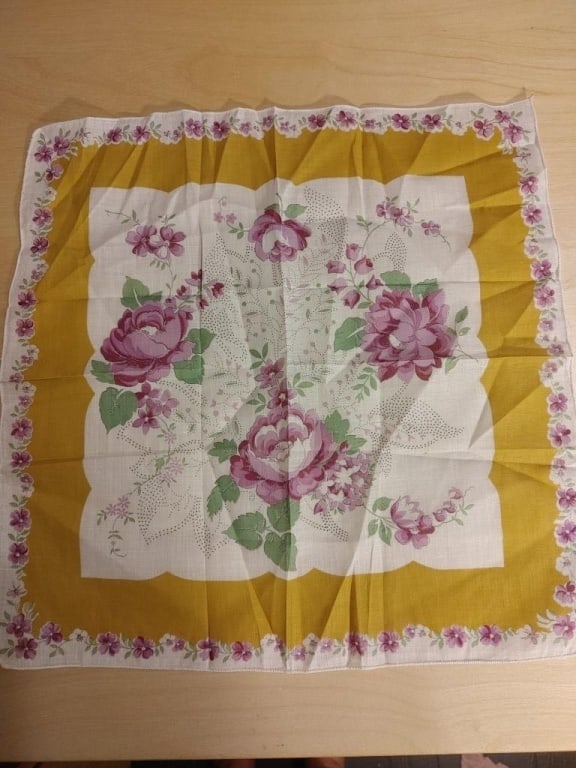 1950s Cream Accent Scarf / Hanky Rose Design: 1950s Cream Accent Scarf / Hanky Rose Design. Gold border, cream background. Cotton Rose design. Flawless. Meas 13 1/2"sq.