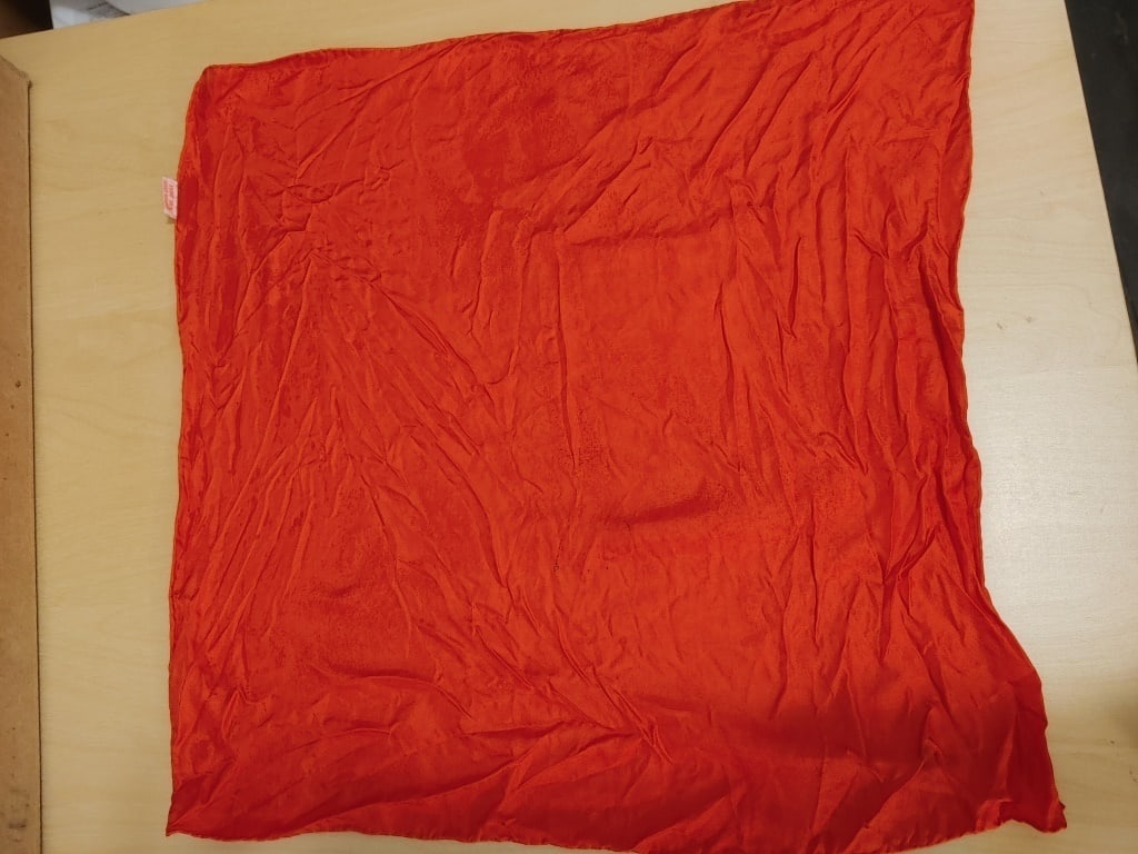 1950s Hand Rolled Pure Silk Red Scarf: 1950s Hand Rolled Pure Silk Red Scarf. 2 small spots - may be cleanable. Meas 17" sq. Nice condition.