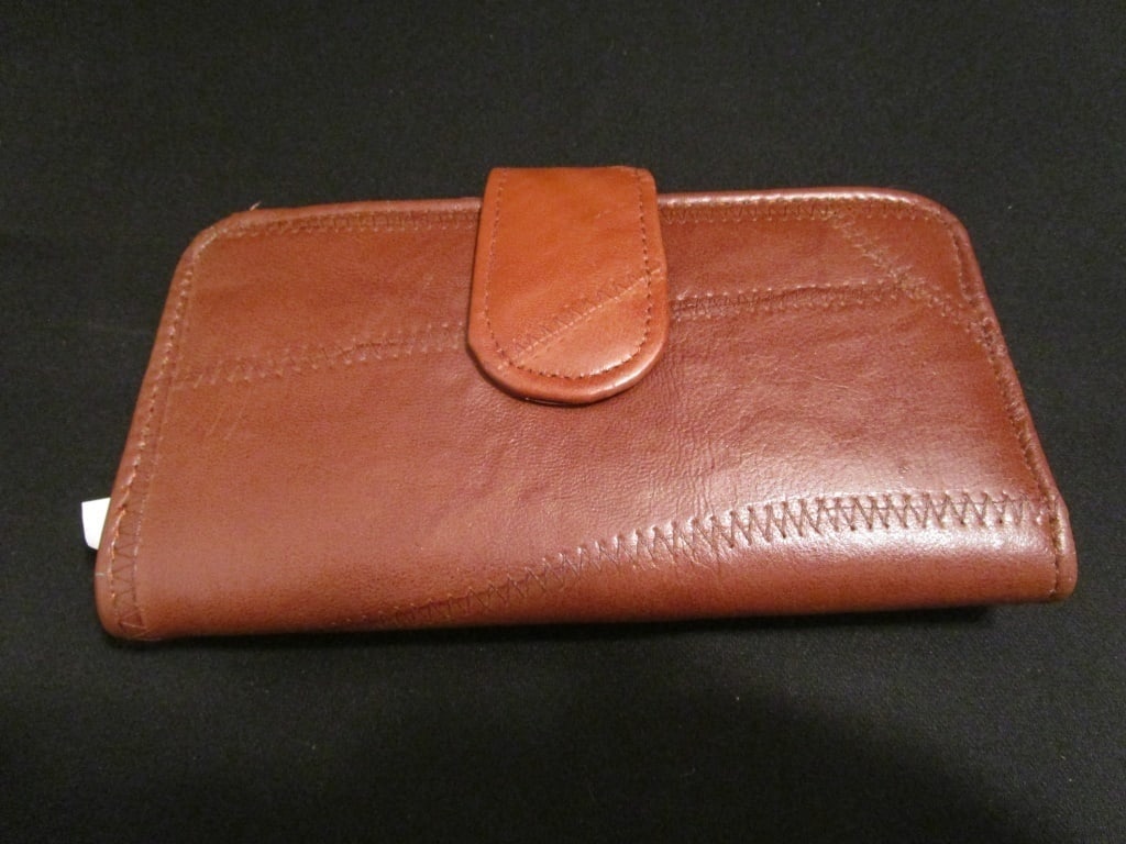 Vtg Brown Star Brand Leather Wallet w/ Calculator: Vtg Brown Star Brand Leather Wallet w/ Calculator. Flap snap closure, with zigzag stitching design. Interior has snap close coin pouch, calculator, check book cover, photo/credit card sleeves and bill