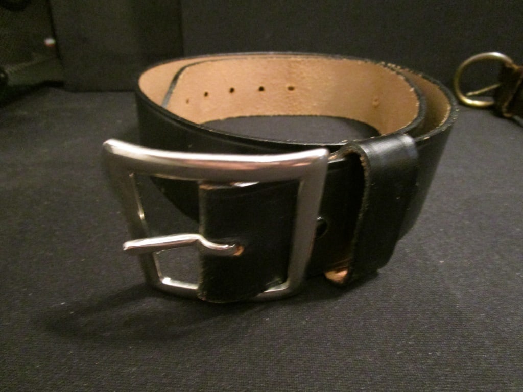 Vtg Fechheimer USPD Belt & Another: Vtg Fechheimer USPD Belt. Guaranteed in Uniform. Cert # PE-1178. Black leather.. Shows some wear. Police issued. Size 34. Other - Brown leather Size 30. Brass hardware shows some wear.