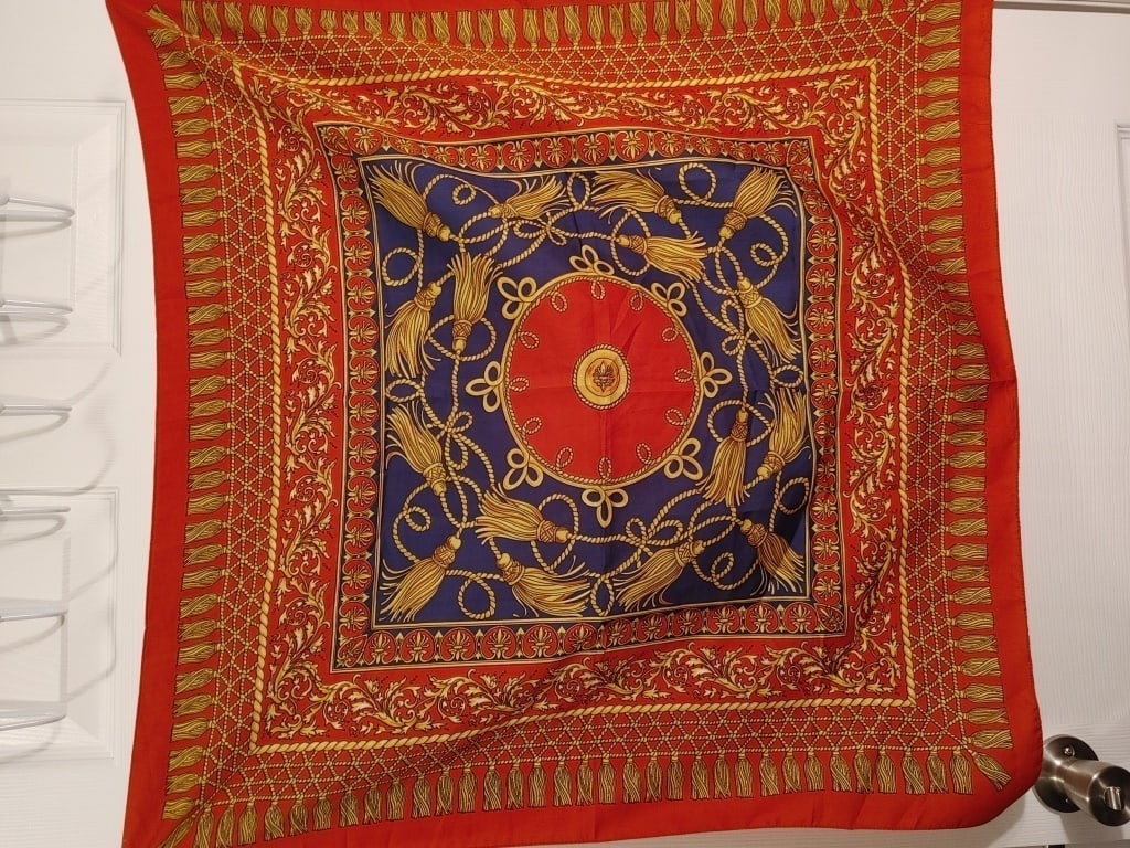 Vtg Acetate Red Scarf - Regal Design: Vtg Acetate Red Scarf - Regal Design. Red, gold, blue tassel design, red background. Meas 31" x 30". Very nice condition.