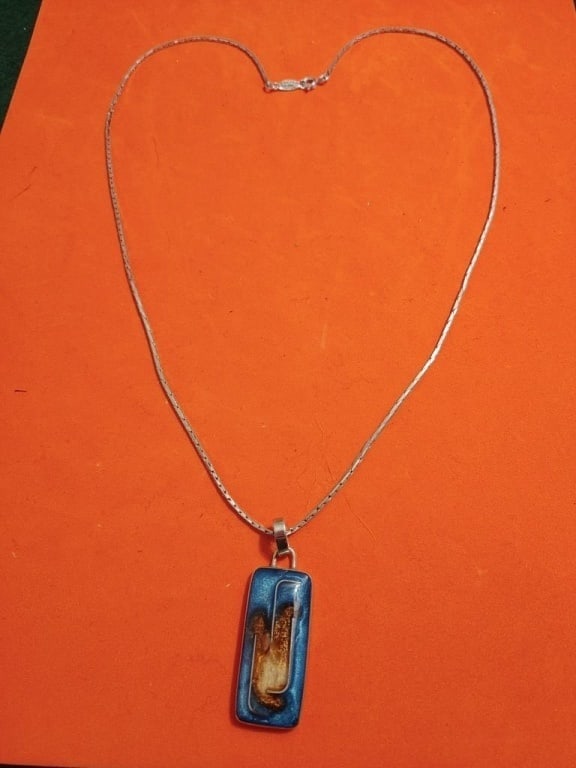 Art Deco Napier SP Chain w/ Enameled Pendant: Art Deco Napier SP Chain w/ Enameled Pendant. Pendant has silver strands w/ black and gold shimmer set on a blue background.