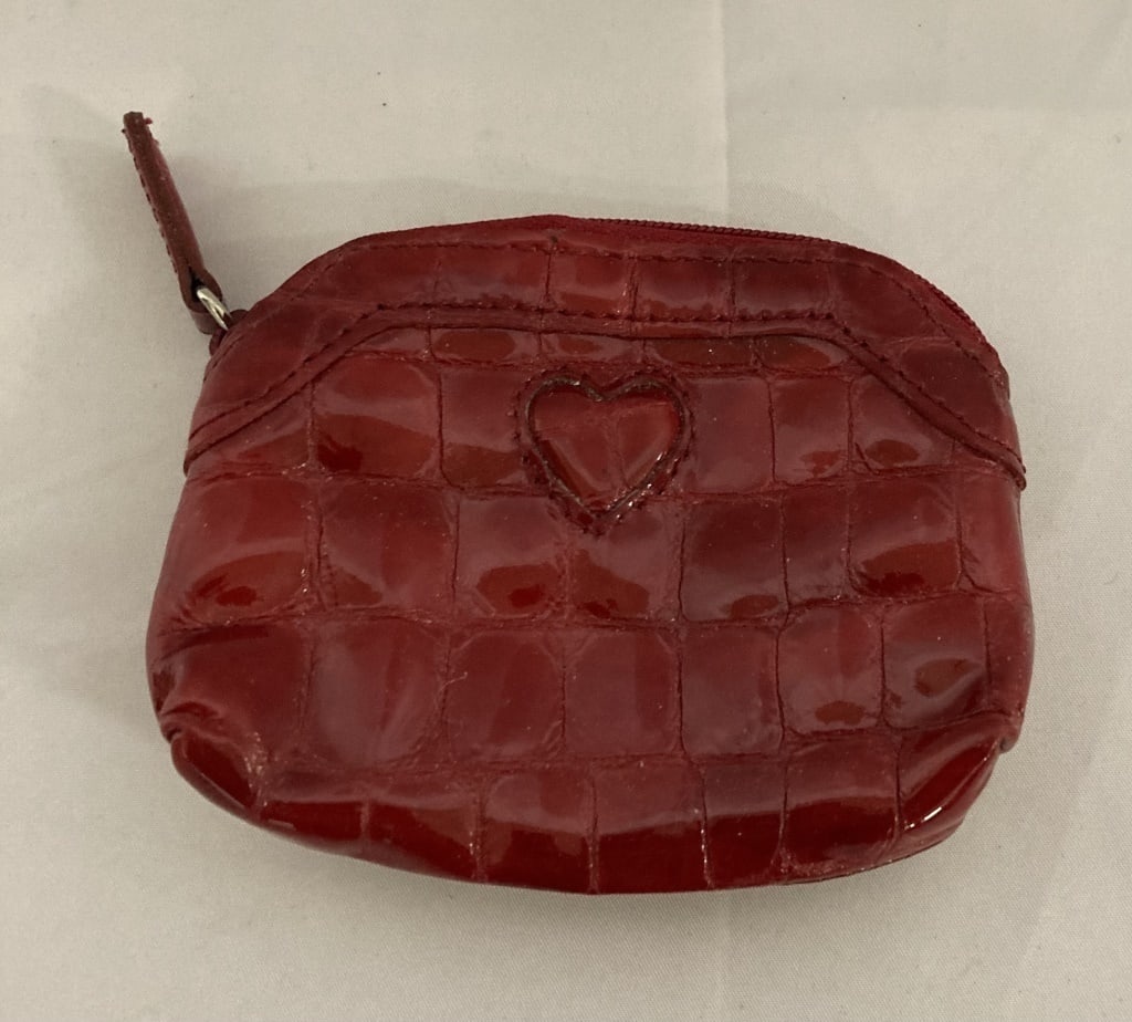 Vtg Brighton Red Patent Leather Croc Change Purse: Vtg Brighton Red Patent Leather Croc Change Purse. Top zipper close. Raised heart on front, Croc pattern. Meas. 5"w x 4"h. Mint condition.